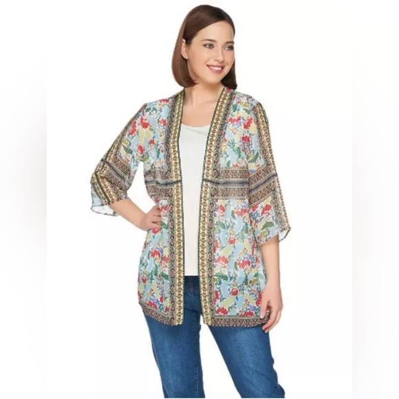 Susan Graver Pink Multi Floral Sheer Woven Kimono Cardigan Chiffon Flower Medium - Picture 1 of 10